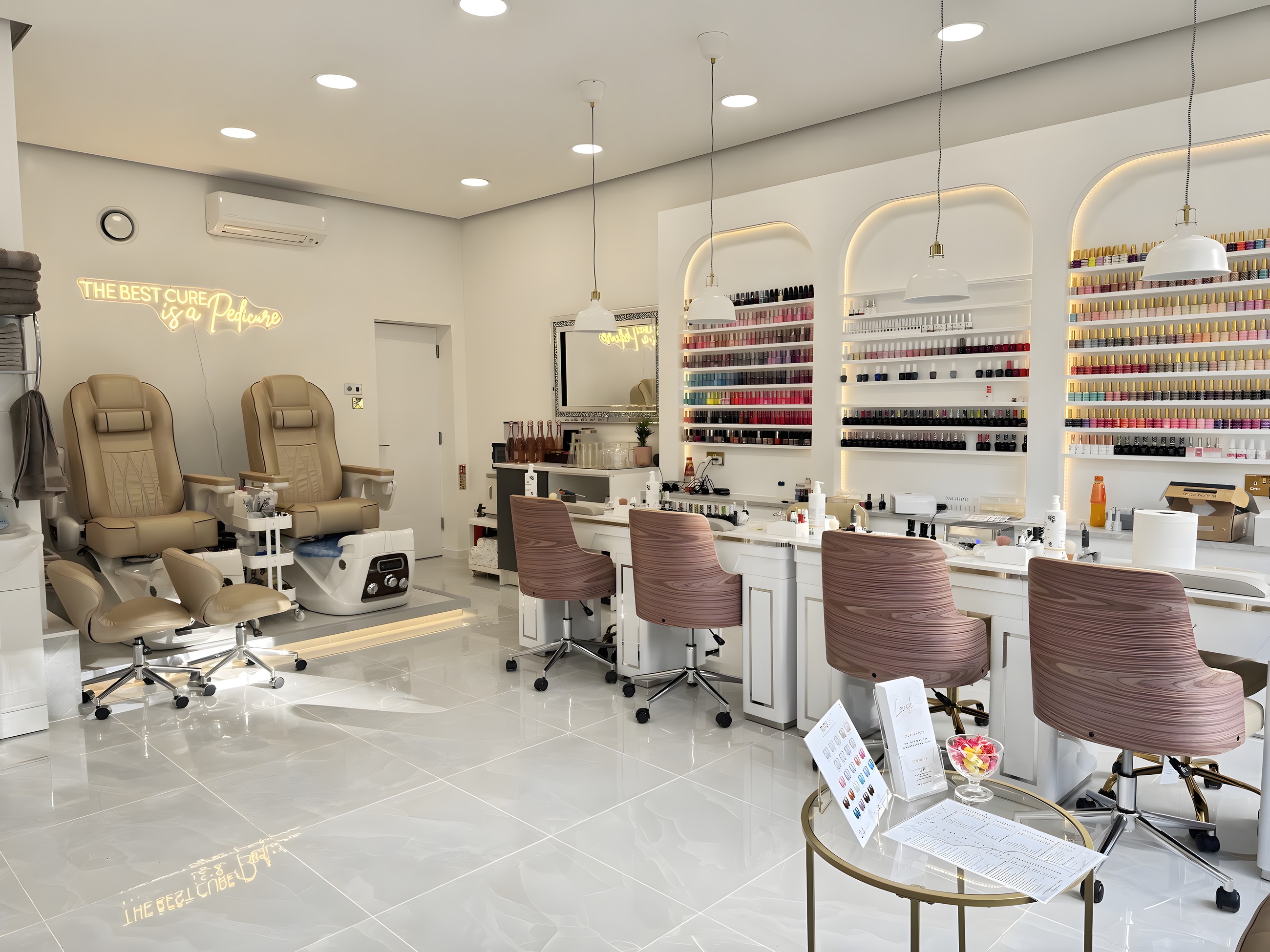 Inside LoveLe: bright salon with arched, backlit polish shelves and pedicure chairs